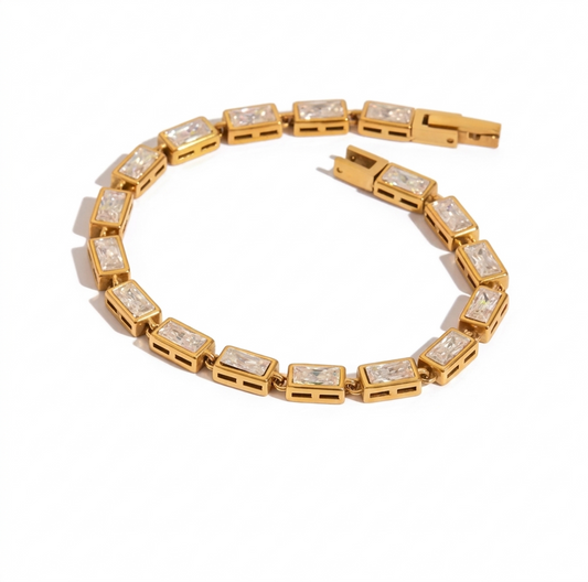 Monaco Rectangular Crystal Tennis Bracelet – Gold Plated