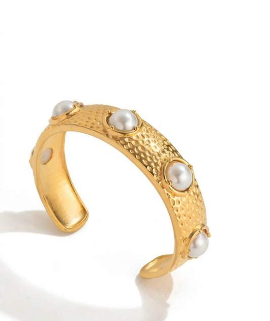 Santorini Textured Cuff Bracelet with Stone Detail – 18k Gold Plated