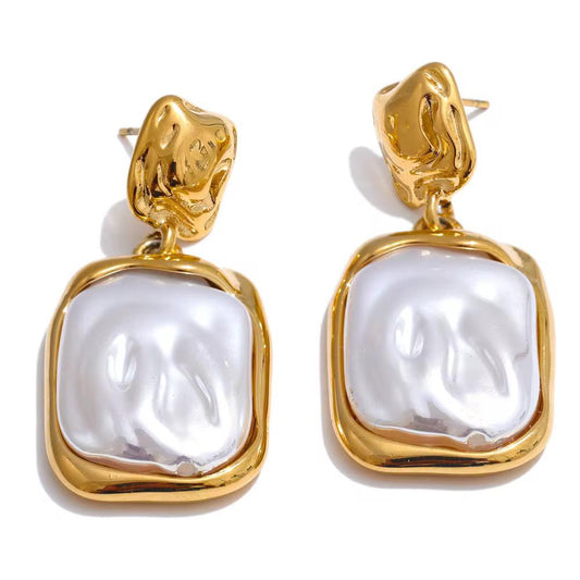Venetian Square Pearl Drop Earrings – 18k Gold Plated