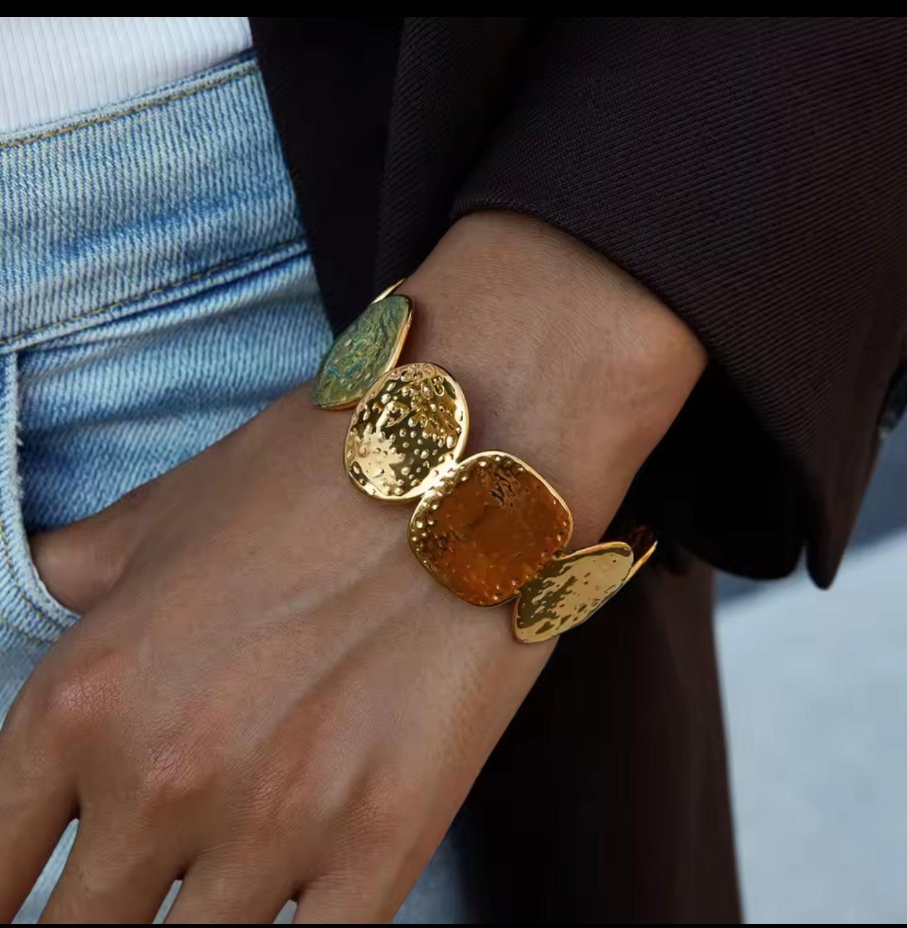 Santorini Hammered Disc Cuff Bracelet – Gold Statement Bangle