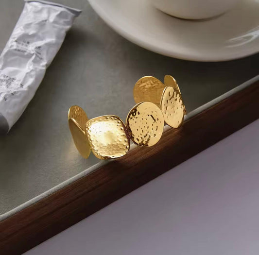 Santorini Hammered Disc Cuff Bracelet – Gold Statement Bangle
